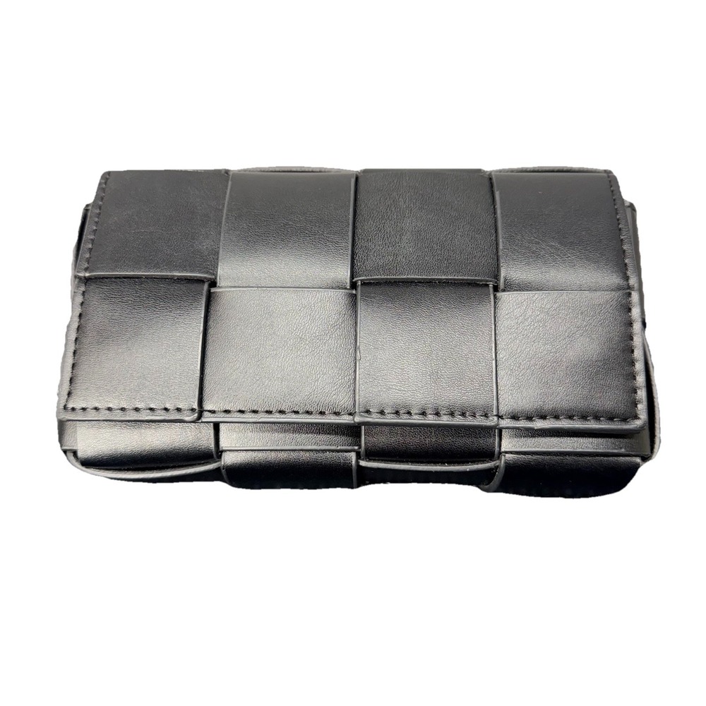 Black Woven Faux Leather Clutch Bag Padded Weave Snap Closure Small Purse